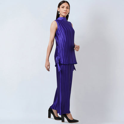 Purple Sleeveless Turtle Neck Box Pleated Top and Box Pleated Palazzo Set