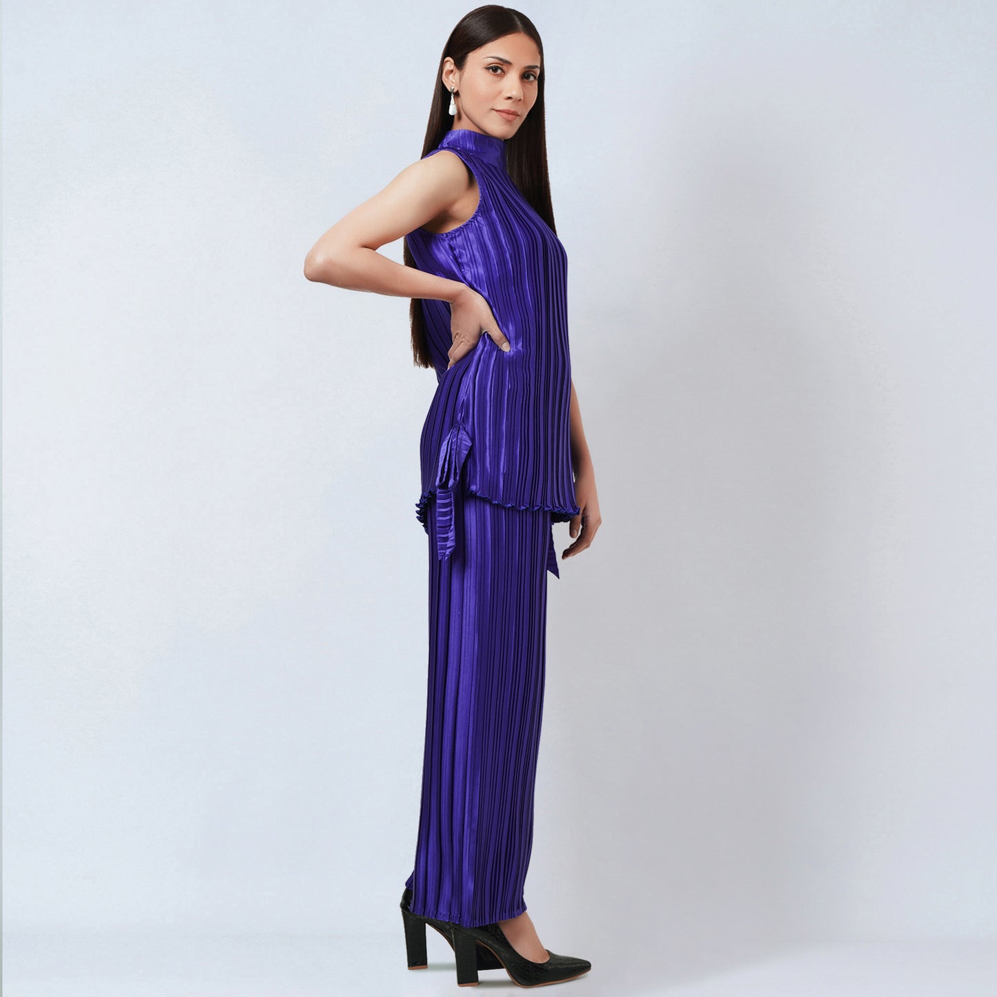 Purple Sleeveless Turtle Neck Box Pleated Top and Box Pleated Palazzo Set