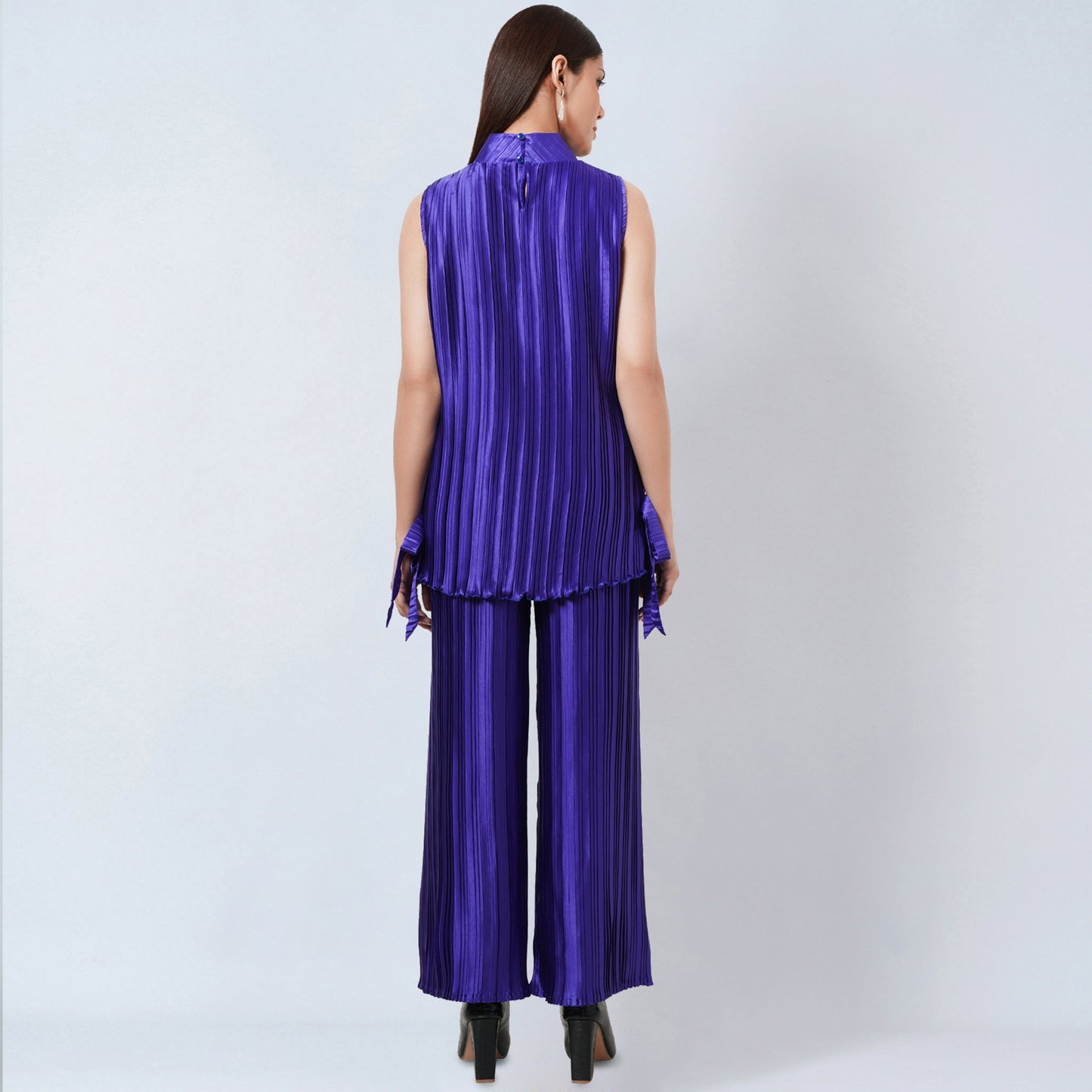 Purple Sleeveless Turtle Neck Box Pleated Top and Box Pleated Palazzo Set