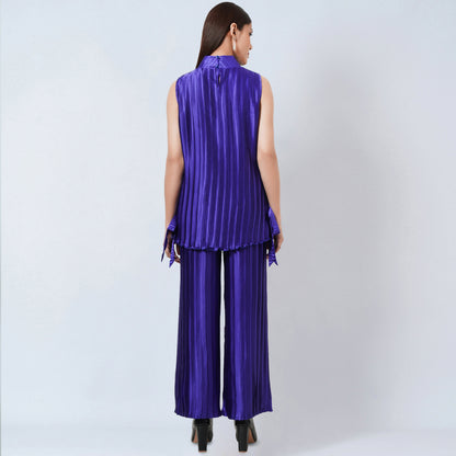 Purple Sleeveless Turtle Neck Box Pleated Top and Box Pleated Palazzo Set