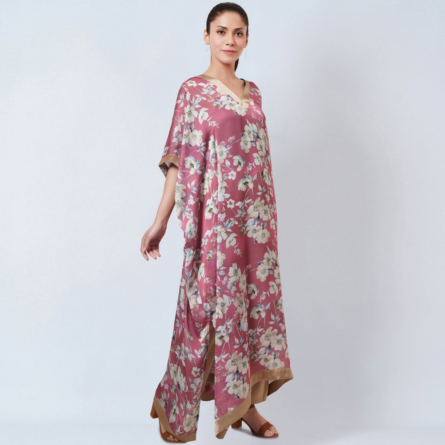 Blush Pink and Gold Floral Kaftan and Satin Straight Pants Set