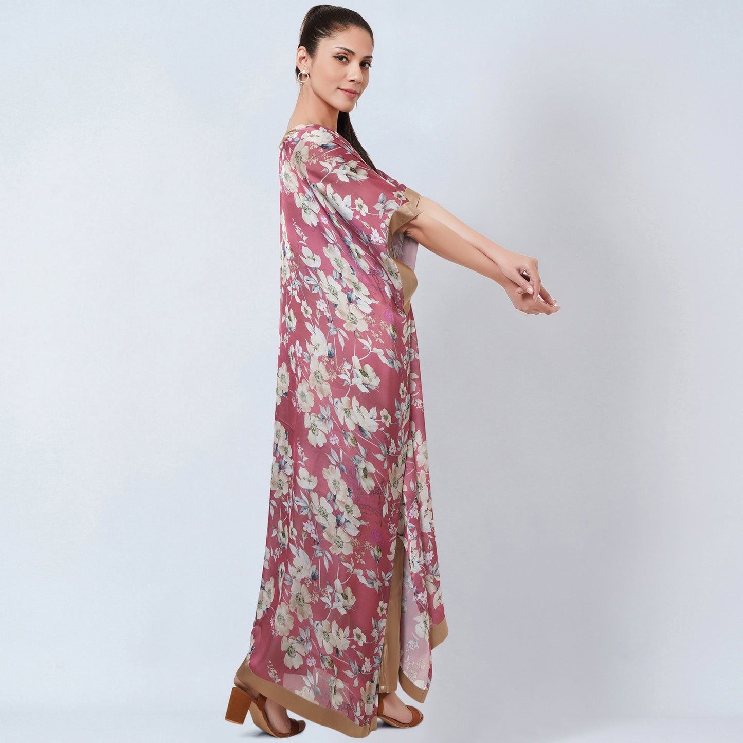 Blush Pink and Gold Floral Kaftan and Satin Straight Pants Set