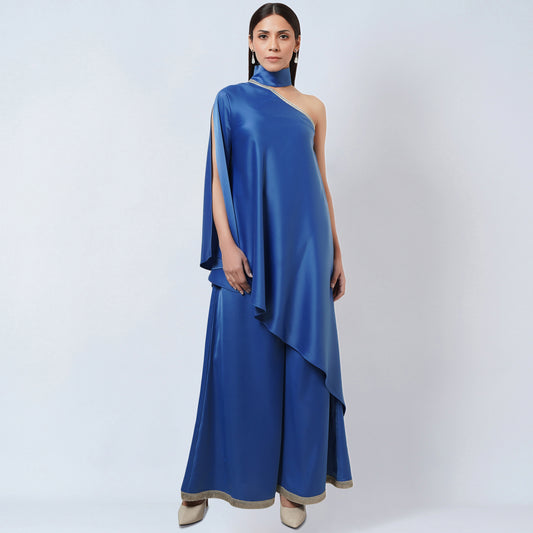 Azure Blue One-Shoulder Asymmetric Tunic and Wide Leg Pants