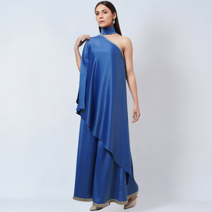 Azure Blue One-Shoulder Asymmetric Tunic and Wide Leg Pants