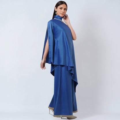 Azure Blue One-Shoulder Asymmetric Tunic and Wide Leg Pants