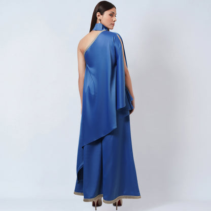 Azure Blue One-Shoulder Asymmetric Tunic and Wide Leg Pants