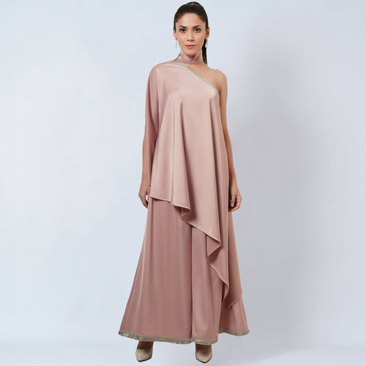 Powder Pink One-Shoulder Asymmetric Tunic and Wide Leg Pants