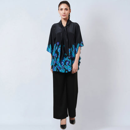 Black and Blue Floral Bow-Tie Top and Straight Pants Set