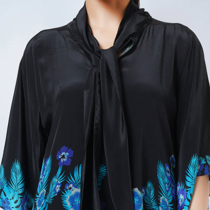 Black and Blue Floral Bow-Tie Top and Straight Pants Set