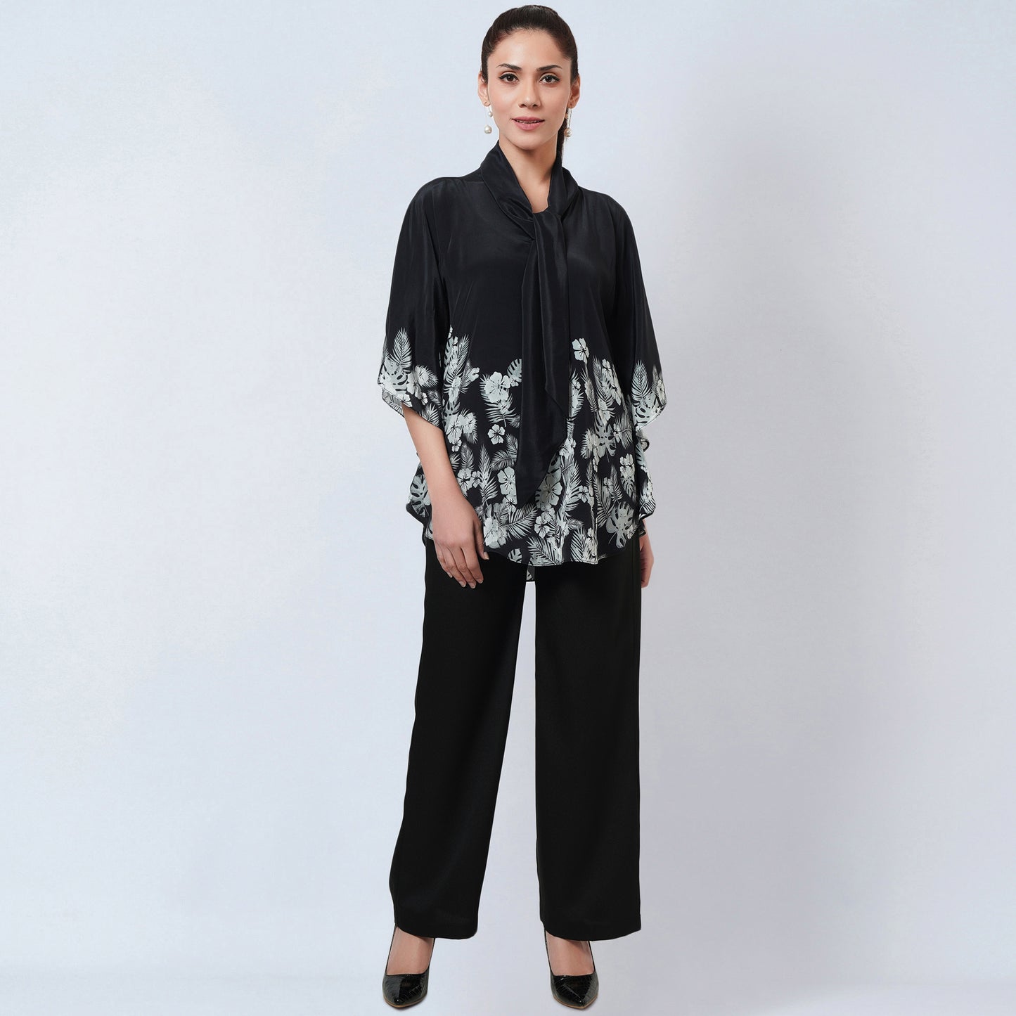 Black and Grey Floral Bow-Tie Top and Straight Pants Set