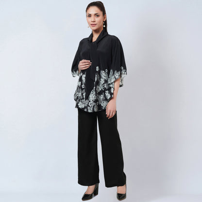 Black and Grey Floral Bow-Tie Top and Straight Pants Set
