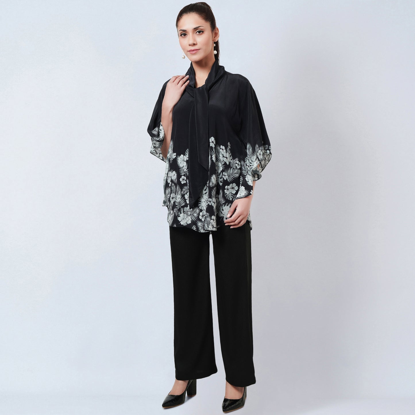 Black and Grey Floral Bow-Tie Top and Straight Pants Set