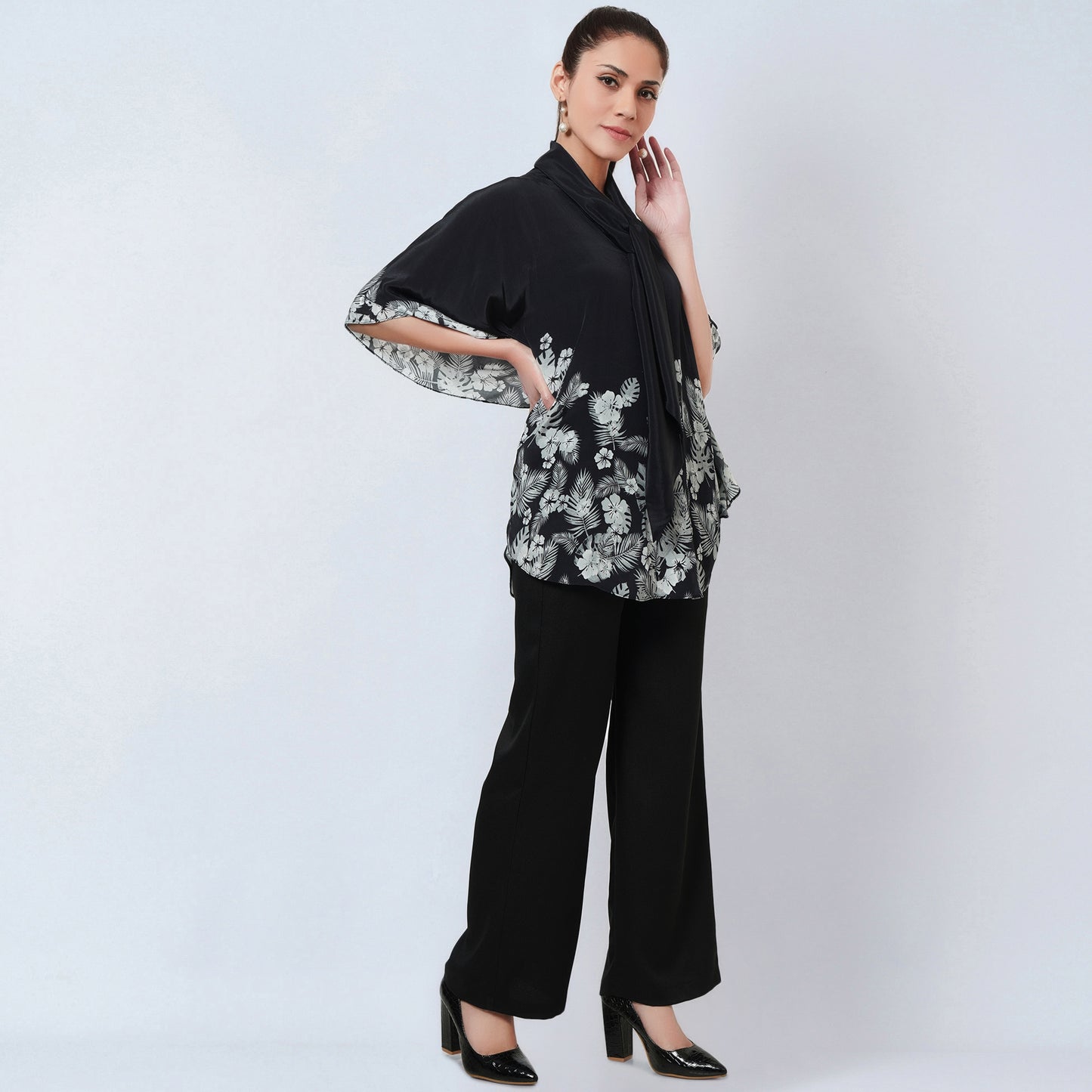 Black and Grey Floral Bow-Tie Top and Straight Pants Set