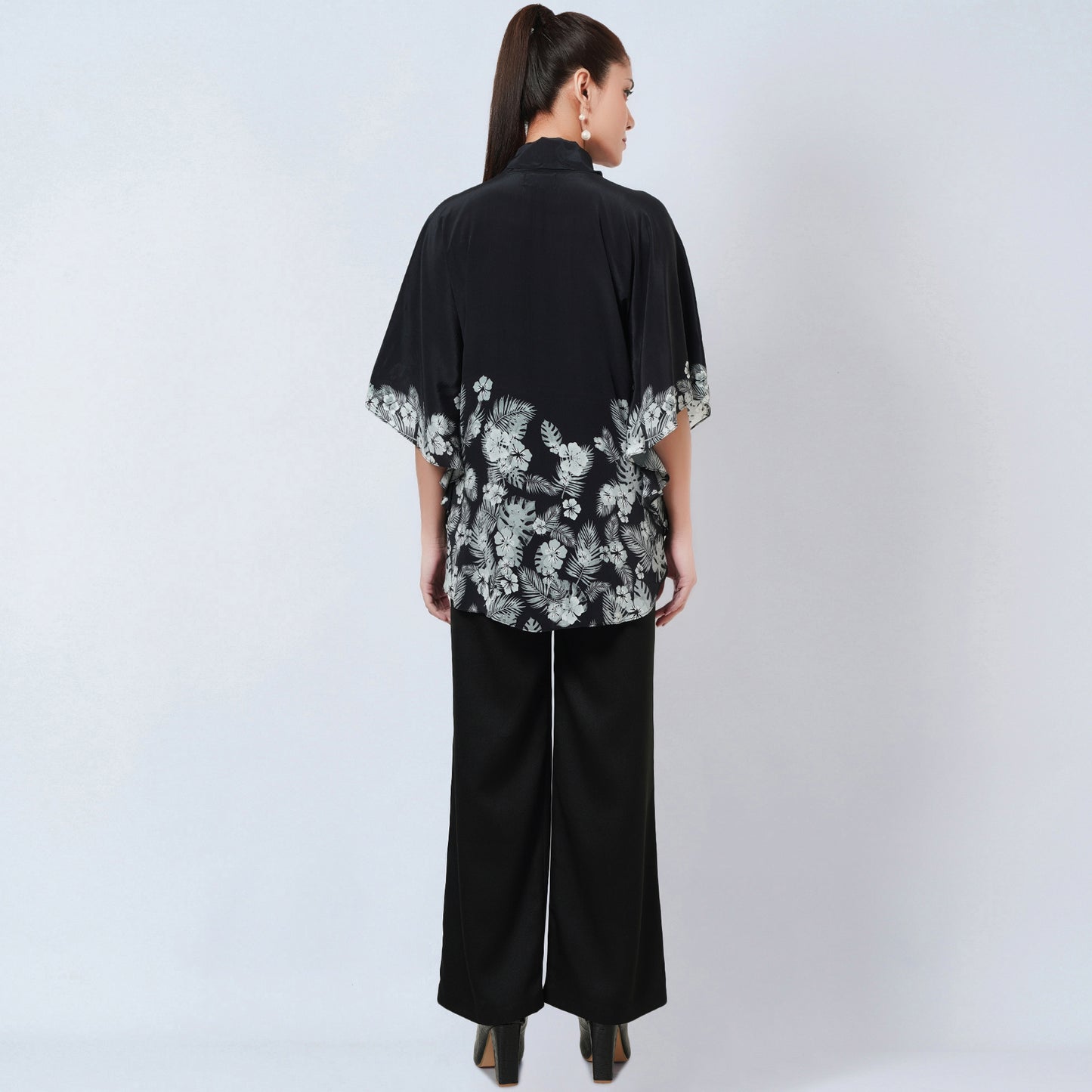 Black and Grey Floral Bow-Tie Top and Straight Pants Set