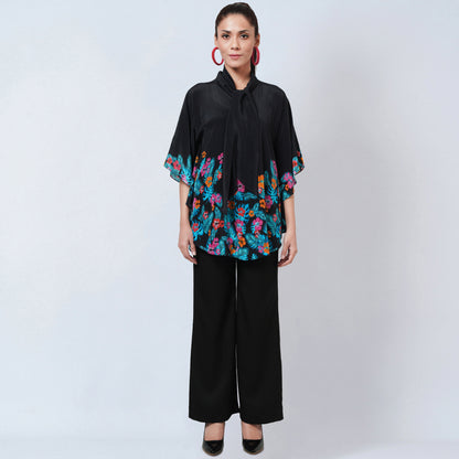 Black and Orange Floral Bow-Tie Top and Straight Pants Set