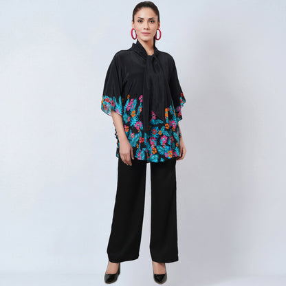 Black and Orange Floral Bow-Tie Top and Straight Pants Set