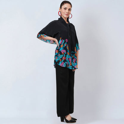 Black and Orange Floral Bow-Tie Top and Straight Pants Set