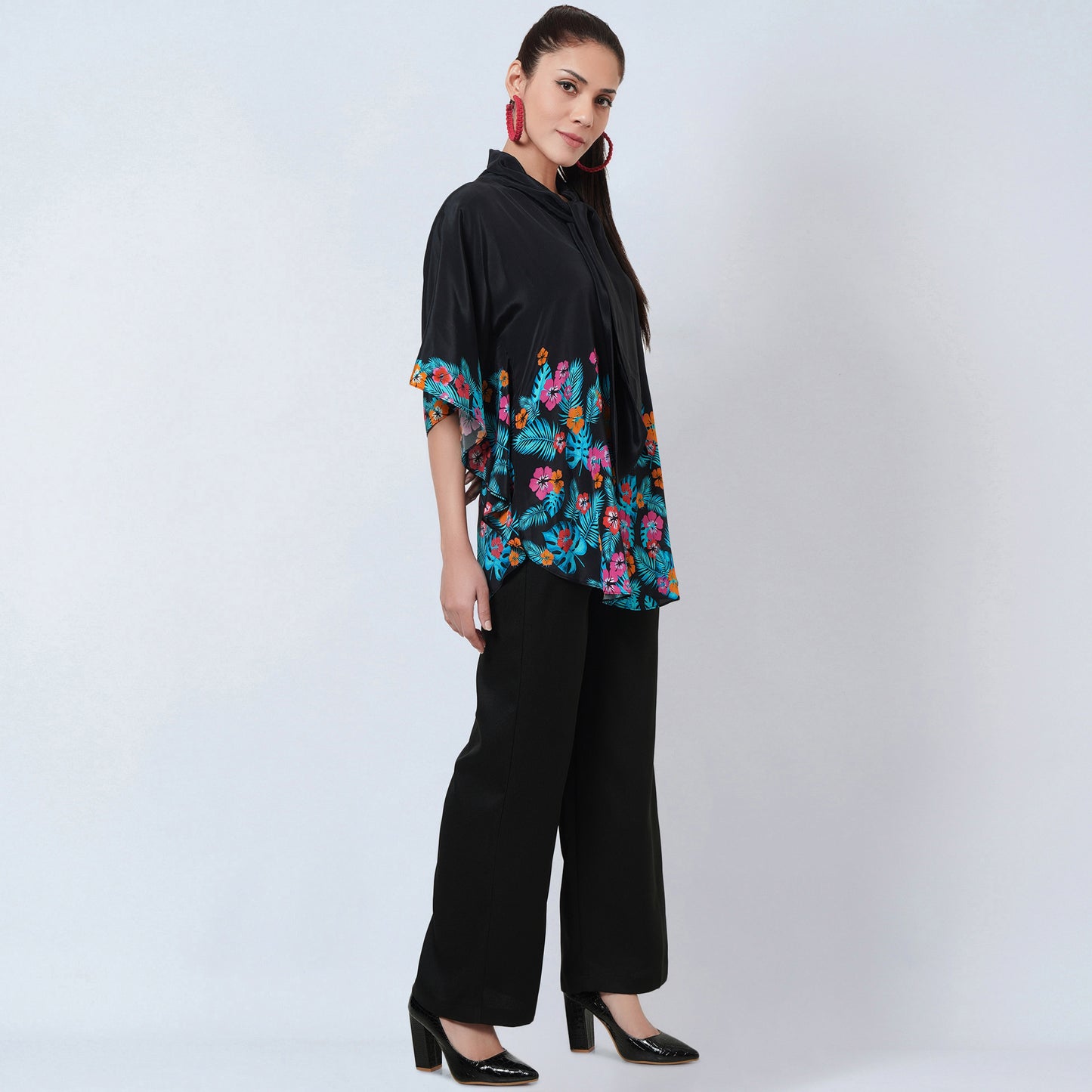 Black and Orange Floral Bow-Tie Top and Straight Pants Set