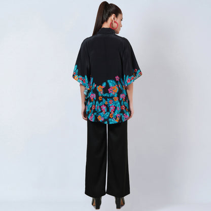 Black and Orange Floral Bow-Tie Top and Straight Pants Set