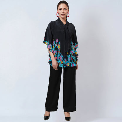 Black and Yellow Floral Bow-Tie Top and Straight Pants Set