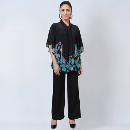 Black and Yellow Floral Bow-Tie Top and Straight Pants Set