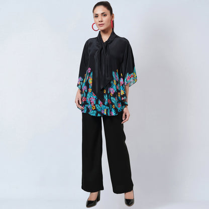 Black and Yellow Floral Bow-Tie Top and Straight Pants Set