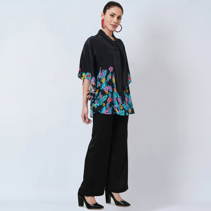 Black and Yellow Floral Bow-Tie Top and Straight Pants Set