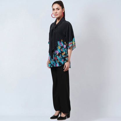 Black and Yellow Floral Bow-Tie Top and Straight Pants Set
