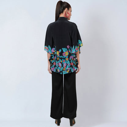 Black and Yellow Floral Bow-Tie Top and Straight Pants Set