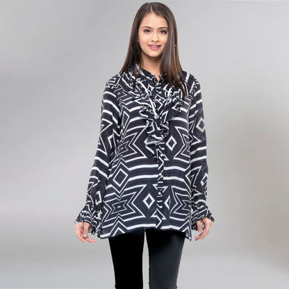 Blue and White Geometric Frill Shirt