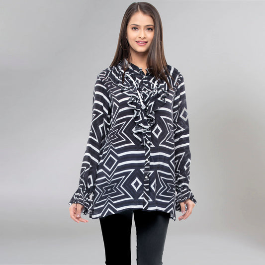 Blue and White Geometric Frill Shirt