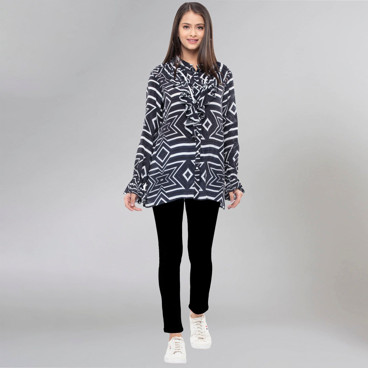 Blue and White Geometric Frill Shirt