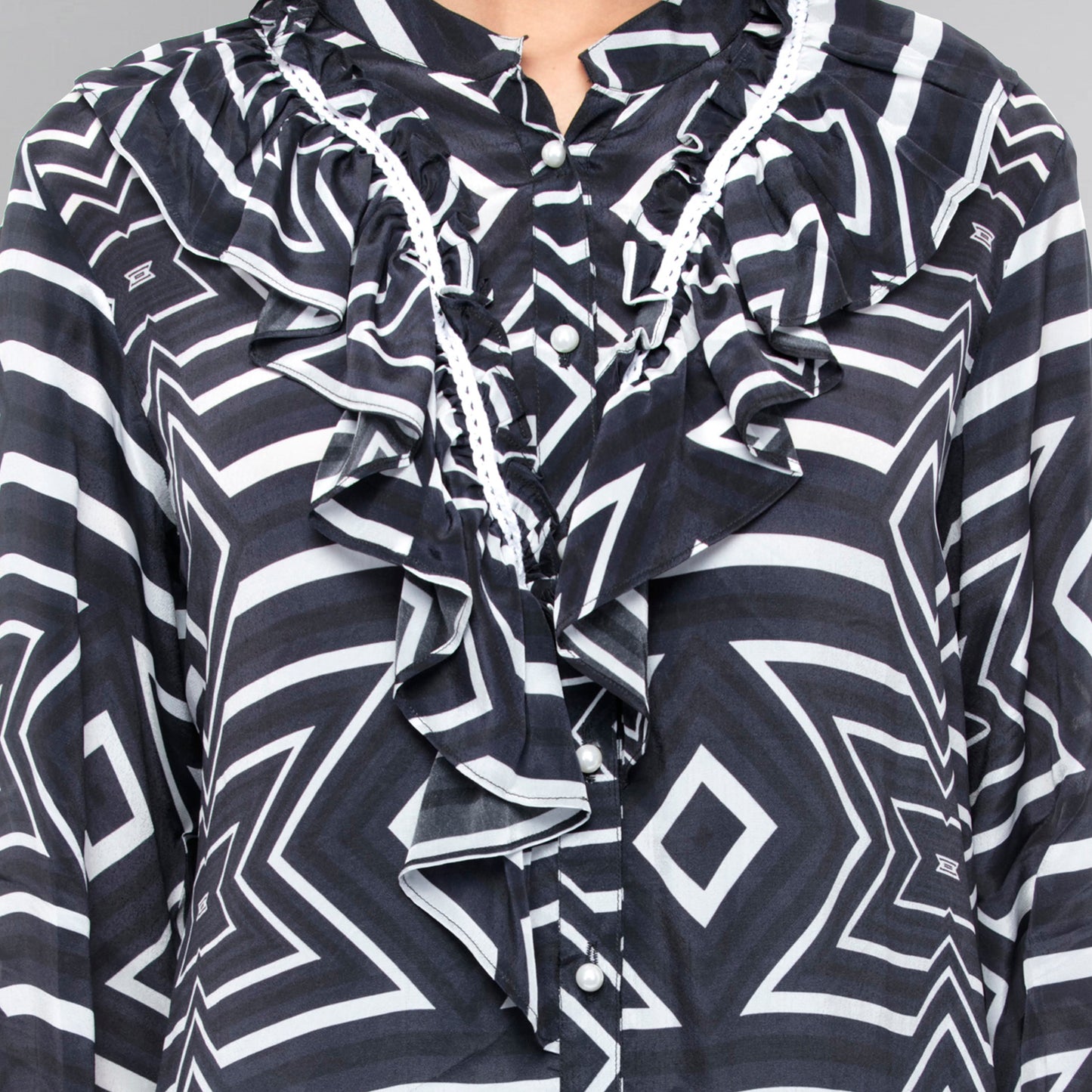 Blue and White Geometric Frill Shirt