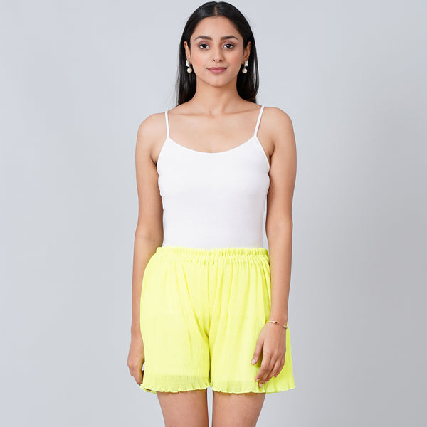 Neon Green Shorts for Women – Polyester Chiffon | First Resort by Ramola Bachchan