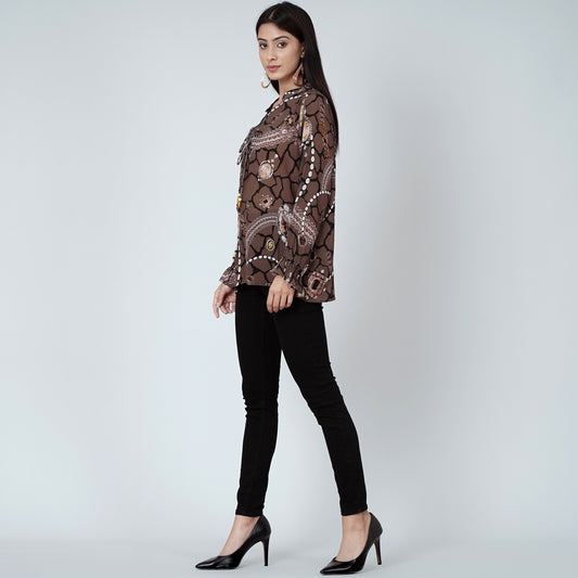 Brown Jewel Print Lace-Up Top