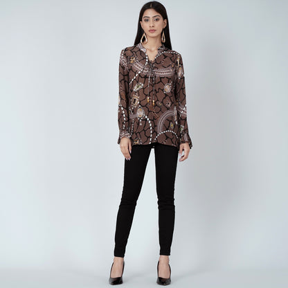 Brown Jewel Print Lace-Up Top