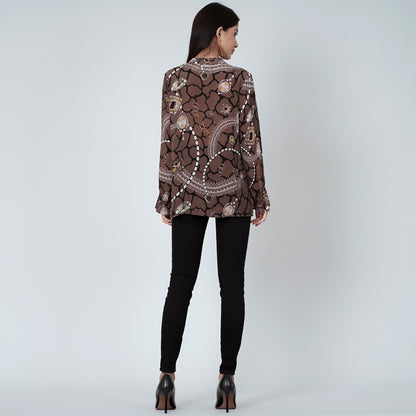 Brown Jewel Print Lace-Up Top