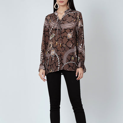 Brown Jewel Print Lace-Up Top
