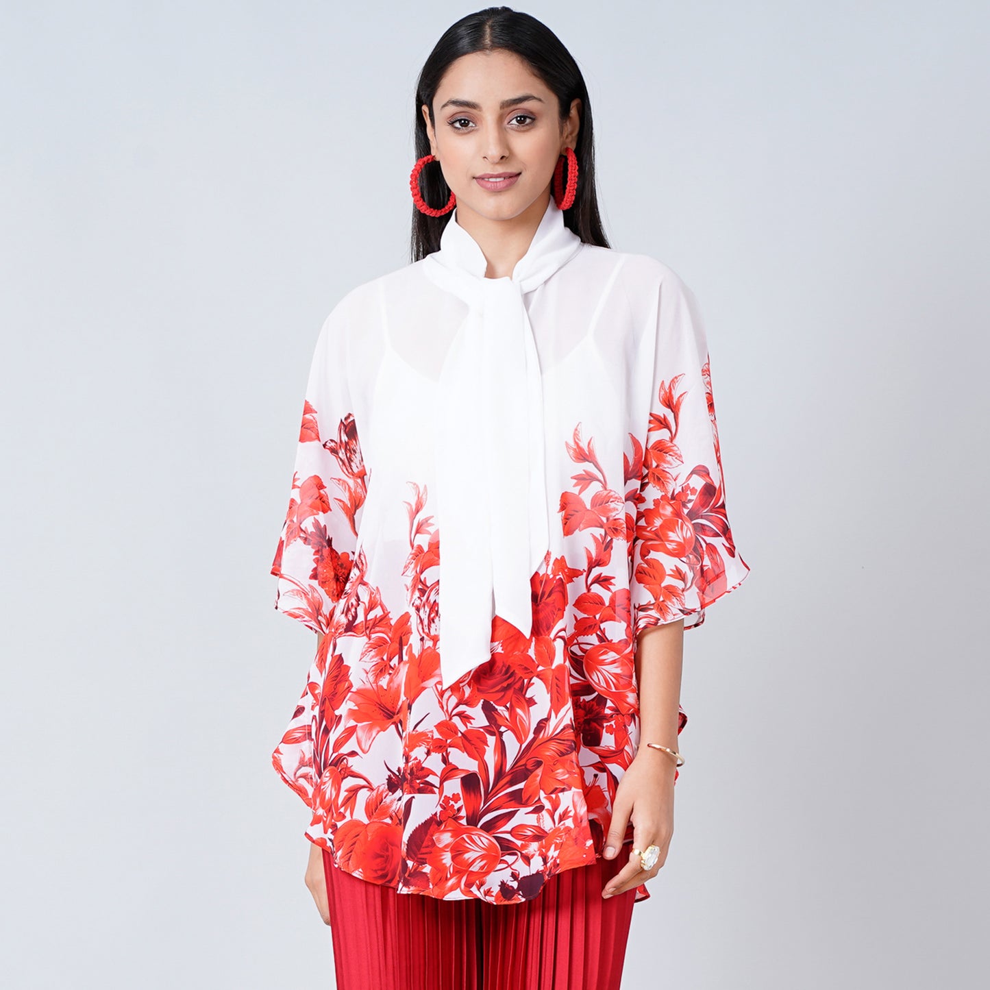 Red Floral Print Top for Women – Polyester Georgette | First Resort by Ramola Bachchan