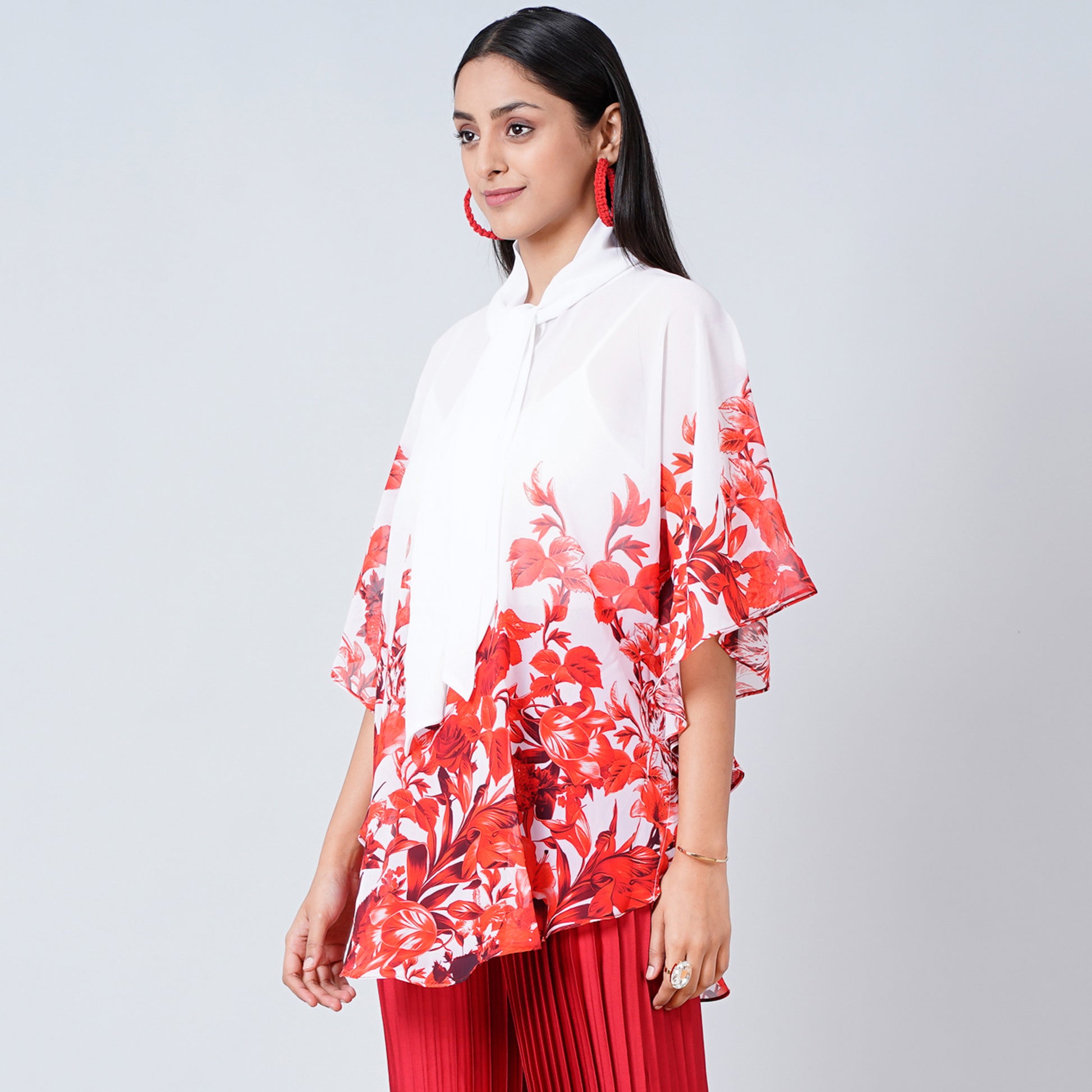 Red Floral Print Top for Women – Polyester Georgette – Front View | First Resort by Ramola Bachchan