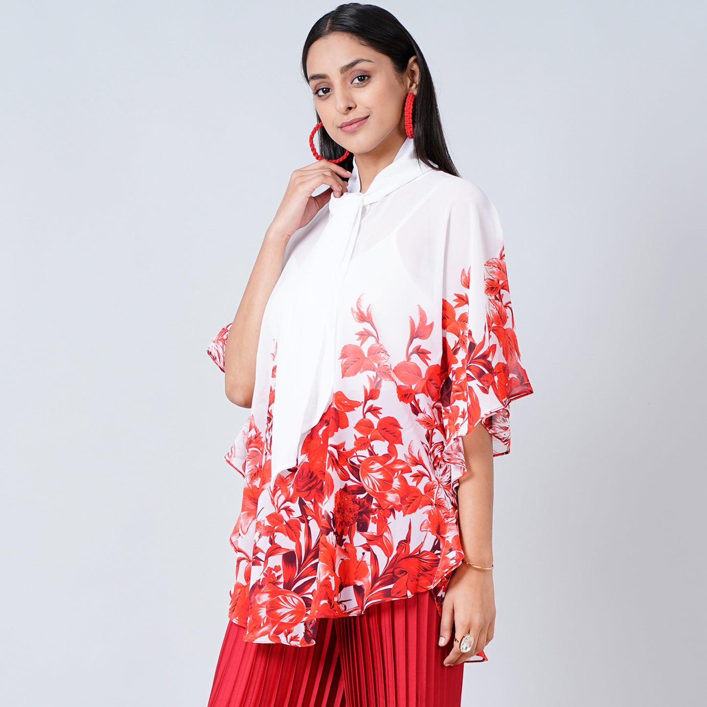 Red Floral Print Top for Women – Polyester Georgette – Model View | First Resort by Ramola Bachchan