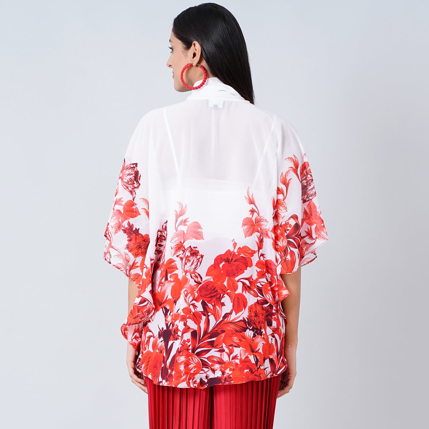 Red Floral Print Top for Women – Polyester Georgette – Side View | First Resort by Ramola Bachchan