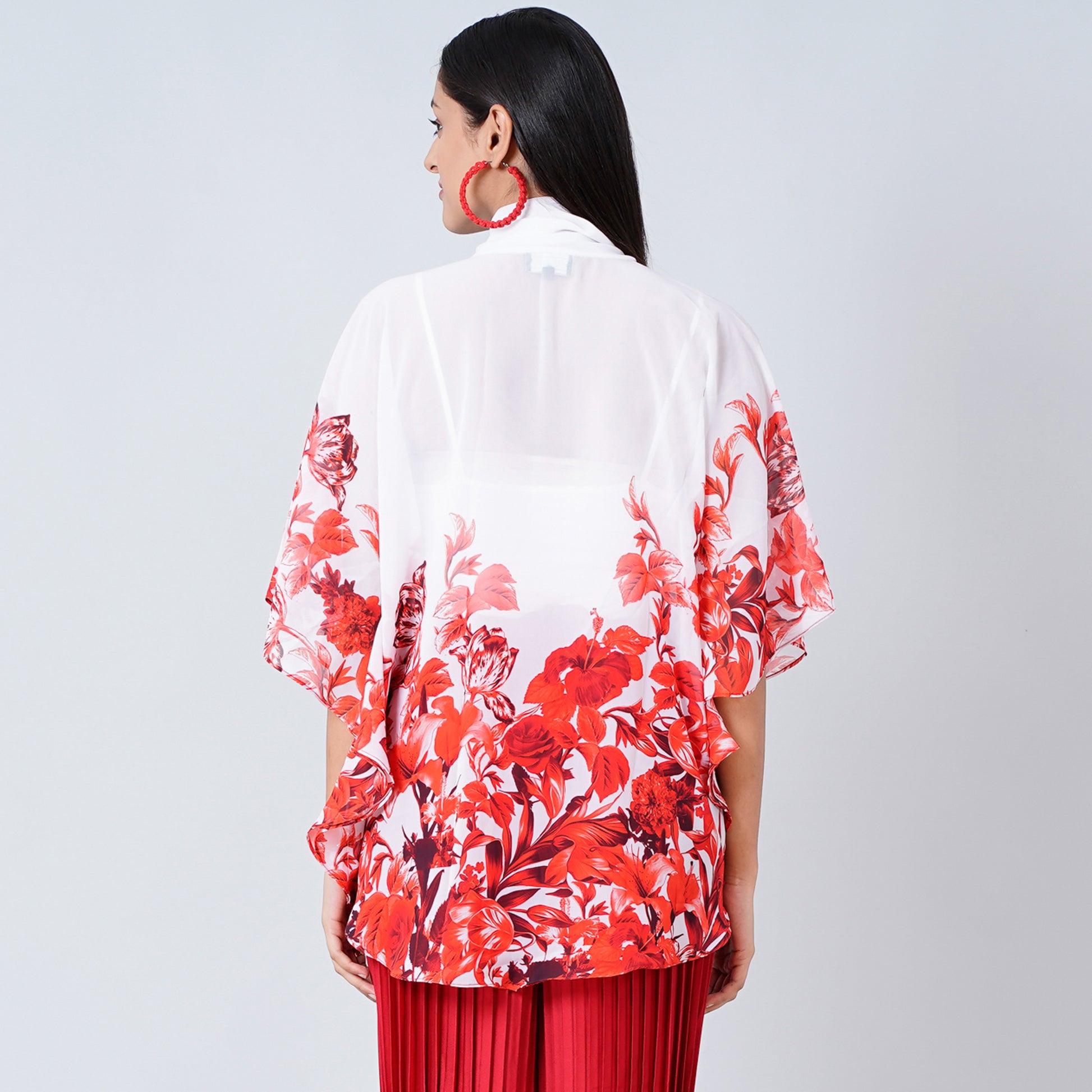 Red Floral Print Top for Women – Polyester Georgette – Side View | First Resort by Ramola Bachchan