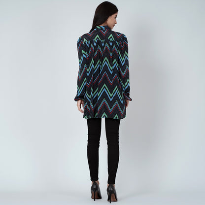 Blue and Green Chevron Tie-Neck Top