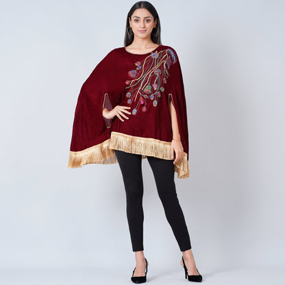 Maroon Floral Sequinned Velvet Poncho with Golden Fringe