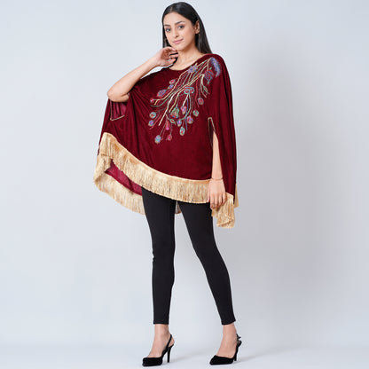 Maroon Floral Sequinned Velvet Poncho with Golden Fringe