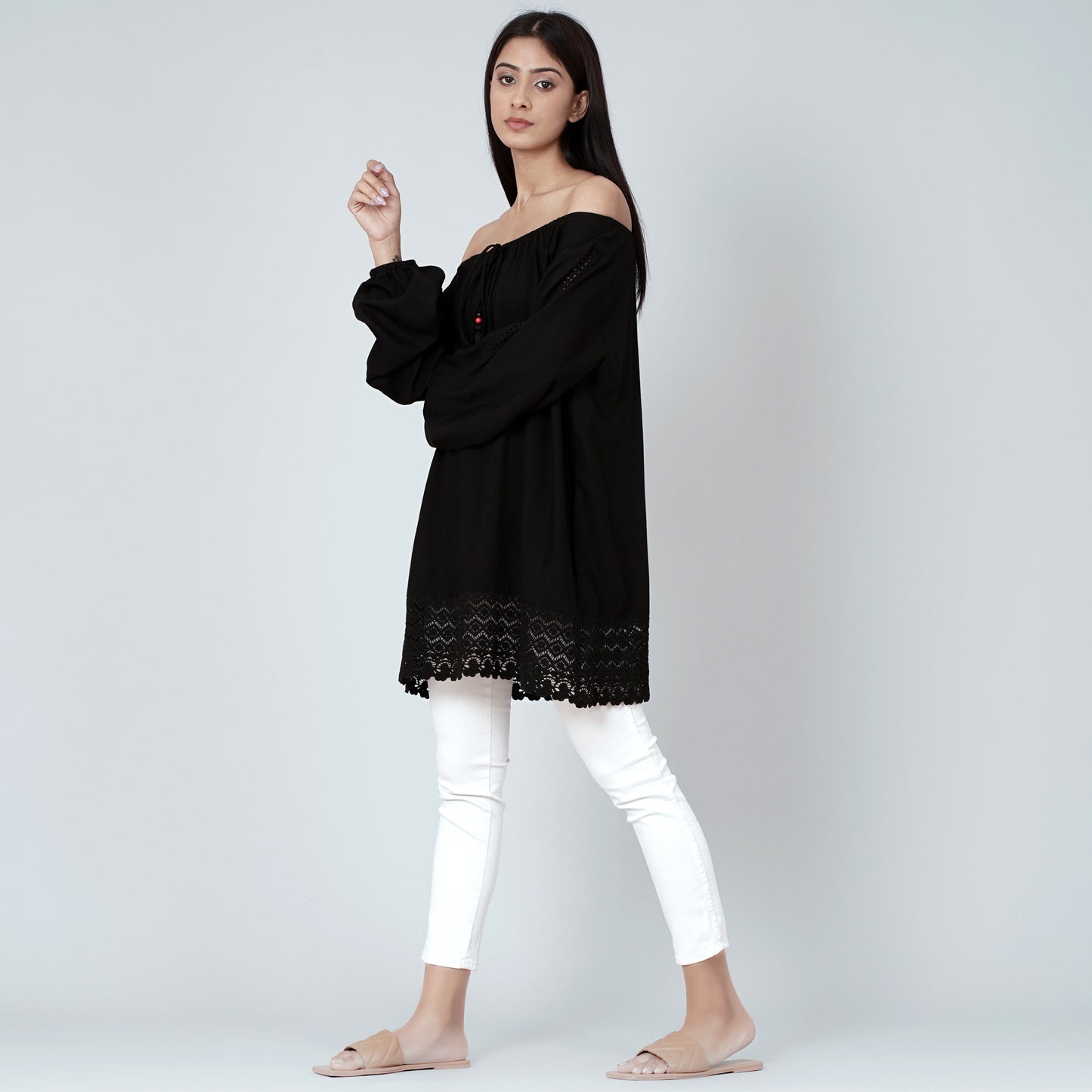 Black Lace Peasant Top