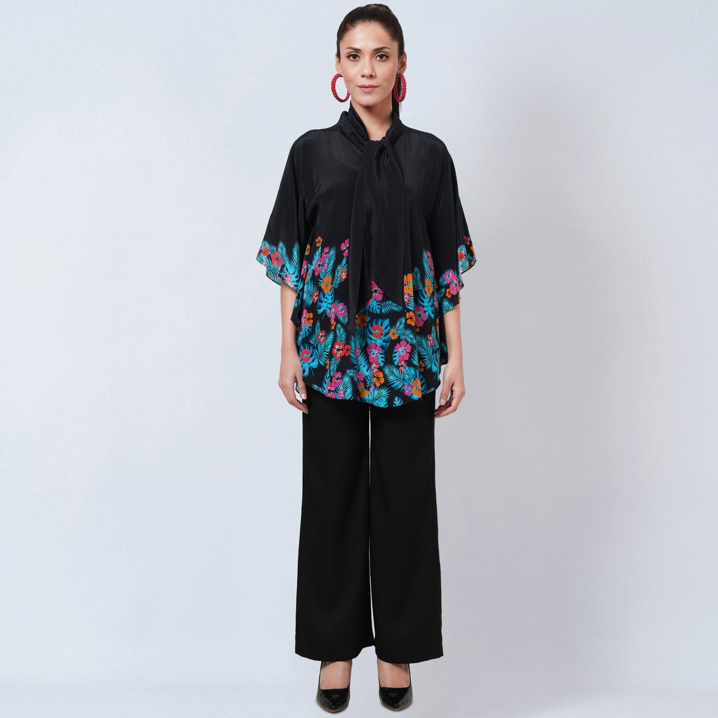 Black and Orange Floral Bow-Tie Top