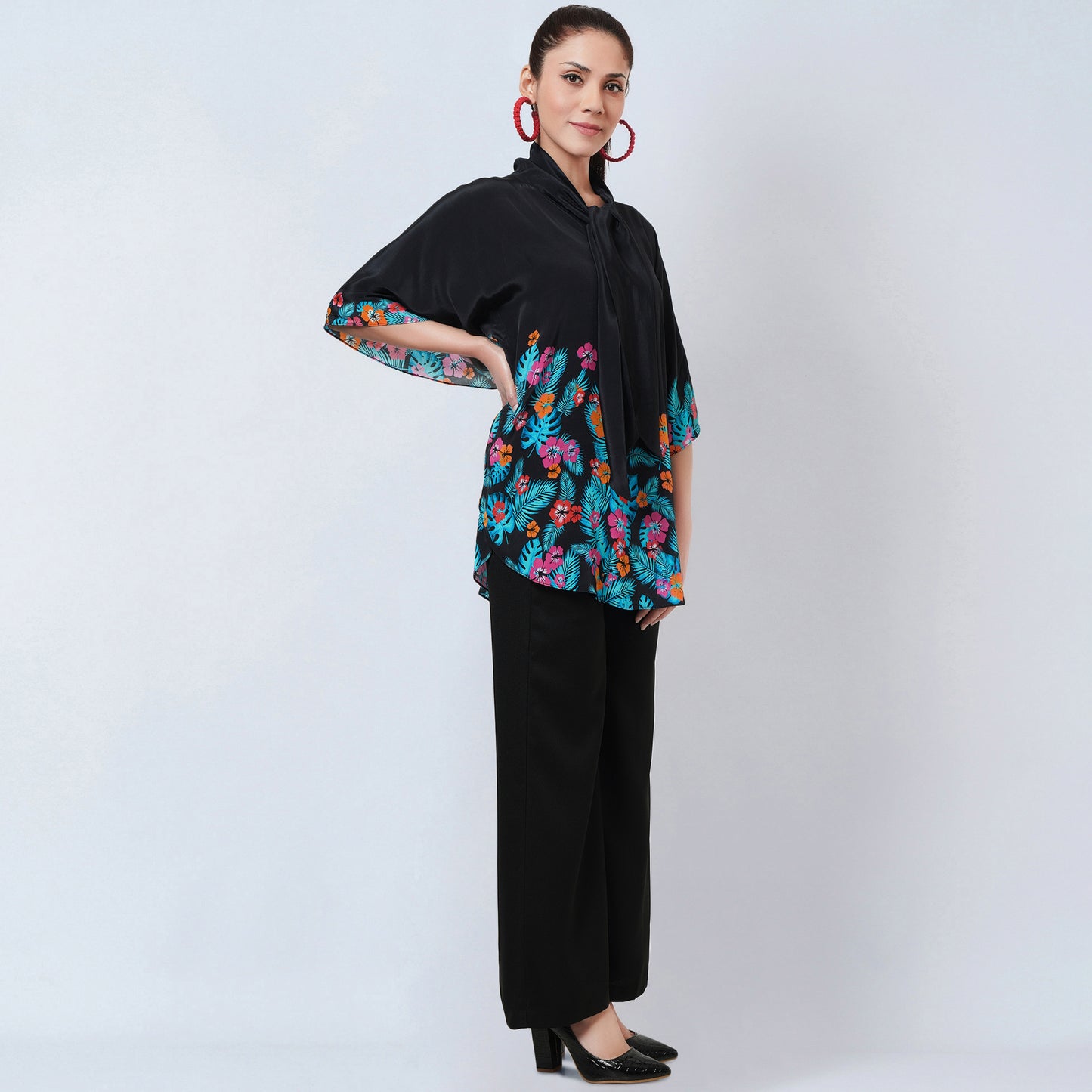Black and Orange Floral Bow-Tie Top