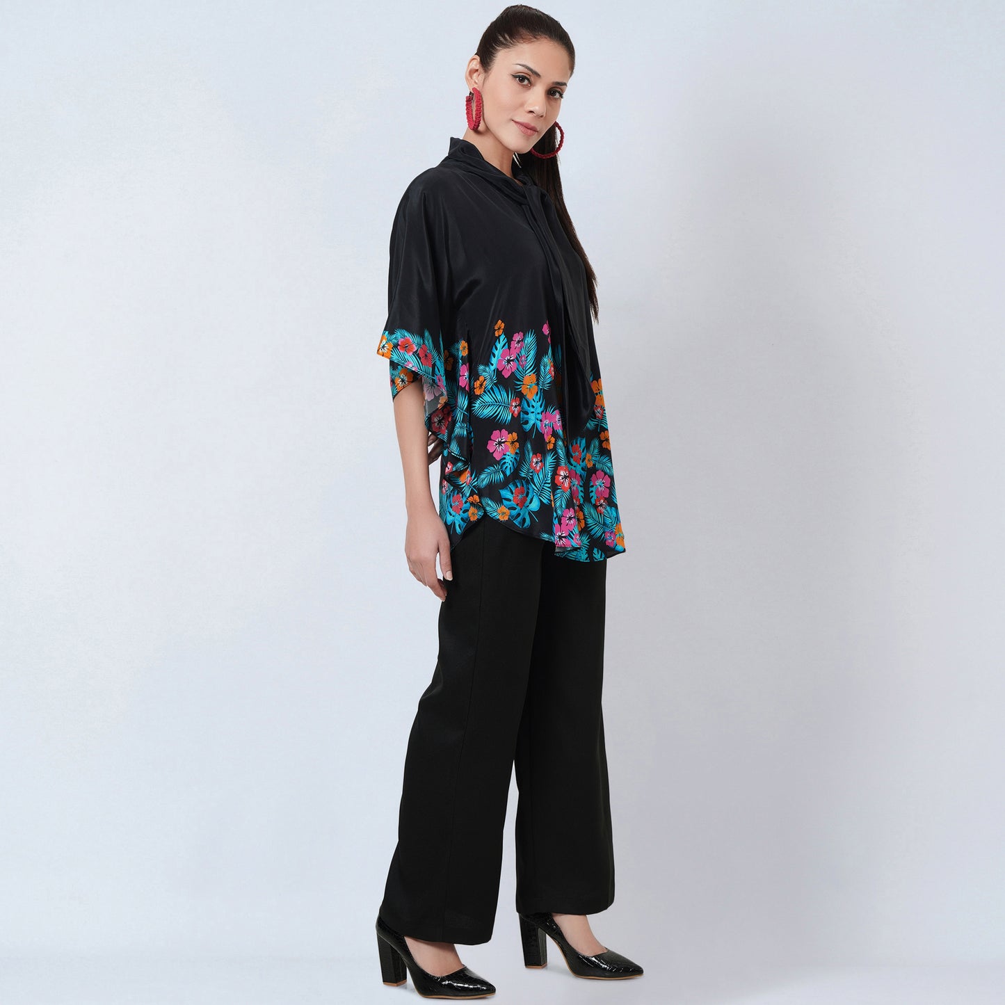 Black and Orange Floral Bow-Tie Top